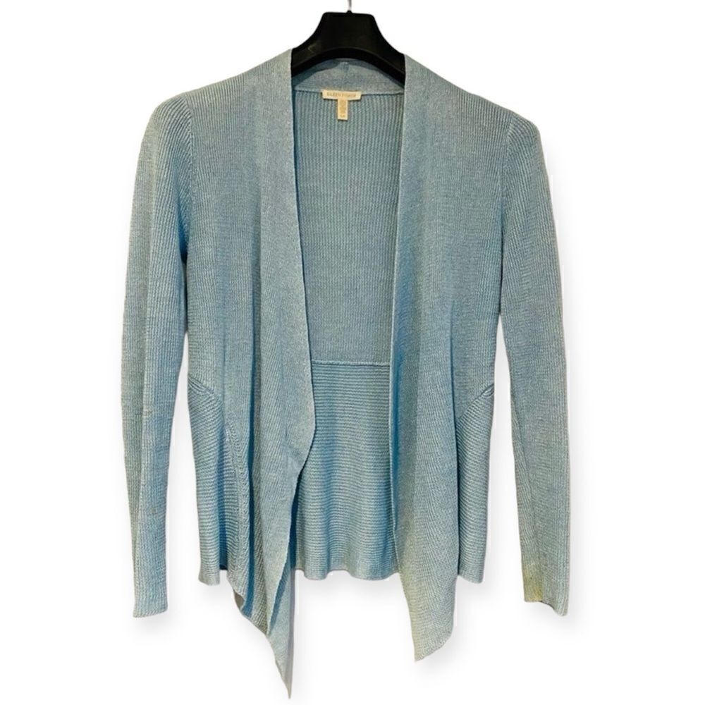 Eileen Fisher Blue Organic Linen Waterfall Open Cardigan Size Small